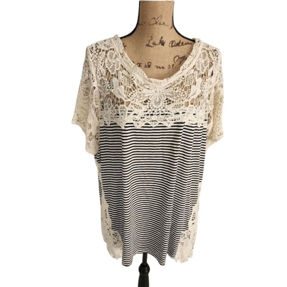 Adiva Womens Crochet Lace Striped Short Sleeve‎ Top Black Cream Shirt Blouse NWT